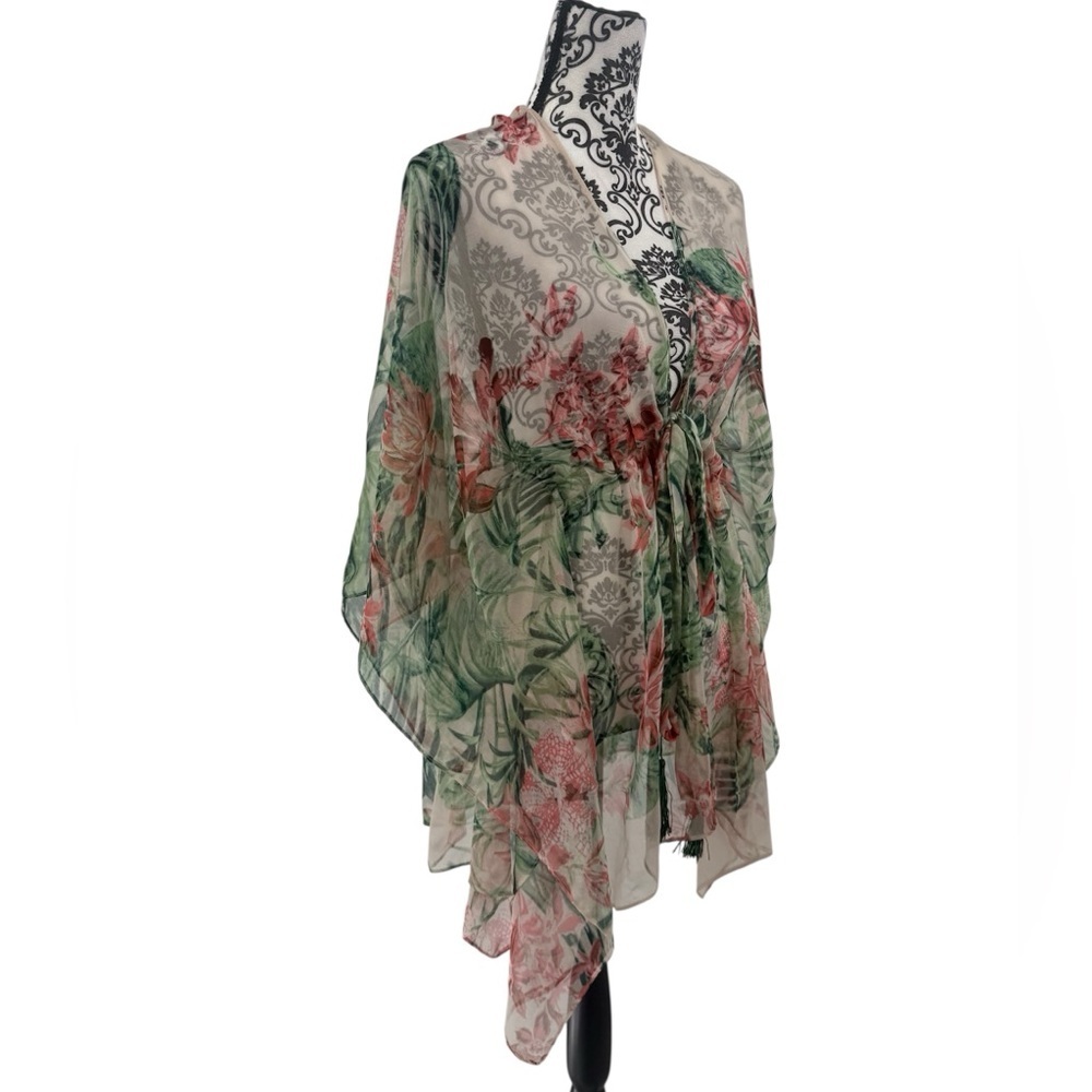 BCBGeneration Sheer Tropical Floral Kimono Wrap Cover-Up Boho Resort Tassel Tie - Picture 6 of 9